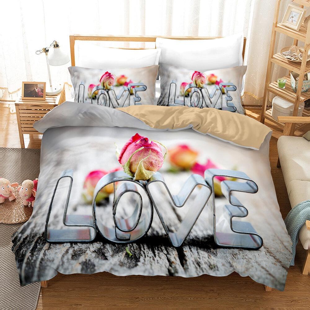 Love Heart Duvet Cover Set King Size Valentines Bedding Set Pink Love Heart Pattern Soft Microfiber Fabric For Girls Women Quilt