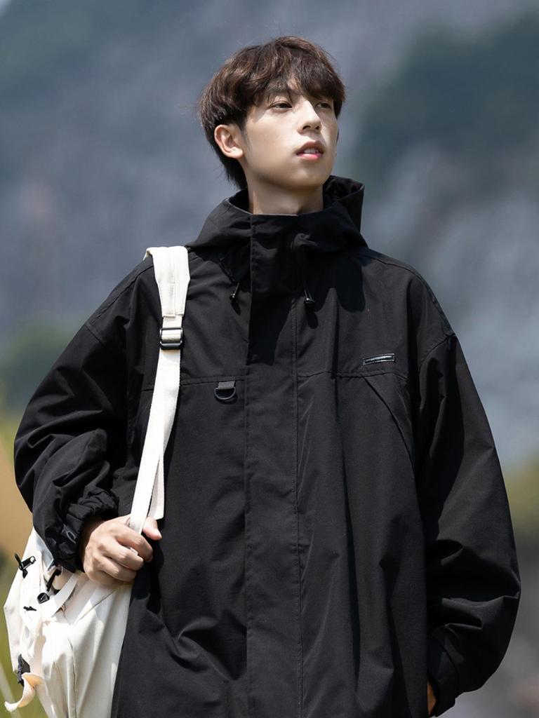 Men's Black Hooded Windproof Jacket: Spring/Autumn Japanese Trendy Loose Fit Mountaineering Workwear