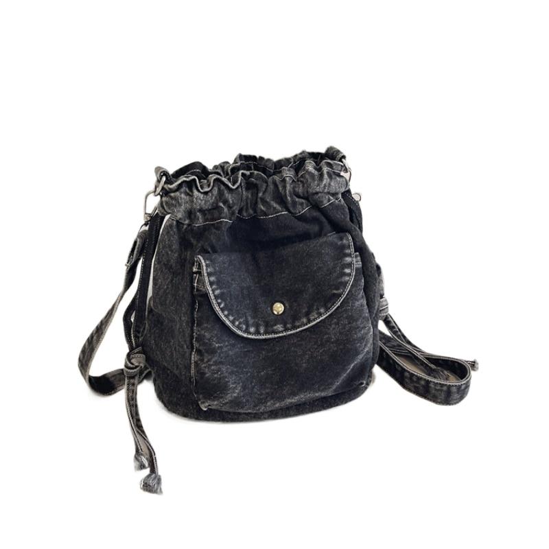

1pcs Vintage Washed Denim Bag Women s Fashion Casual Drawstring Bucket Bag Versatile Crossbody Shoulder Bag 21x12x23cm чёрный