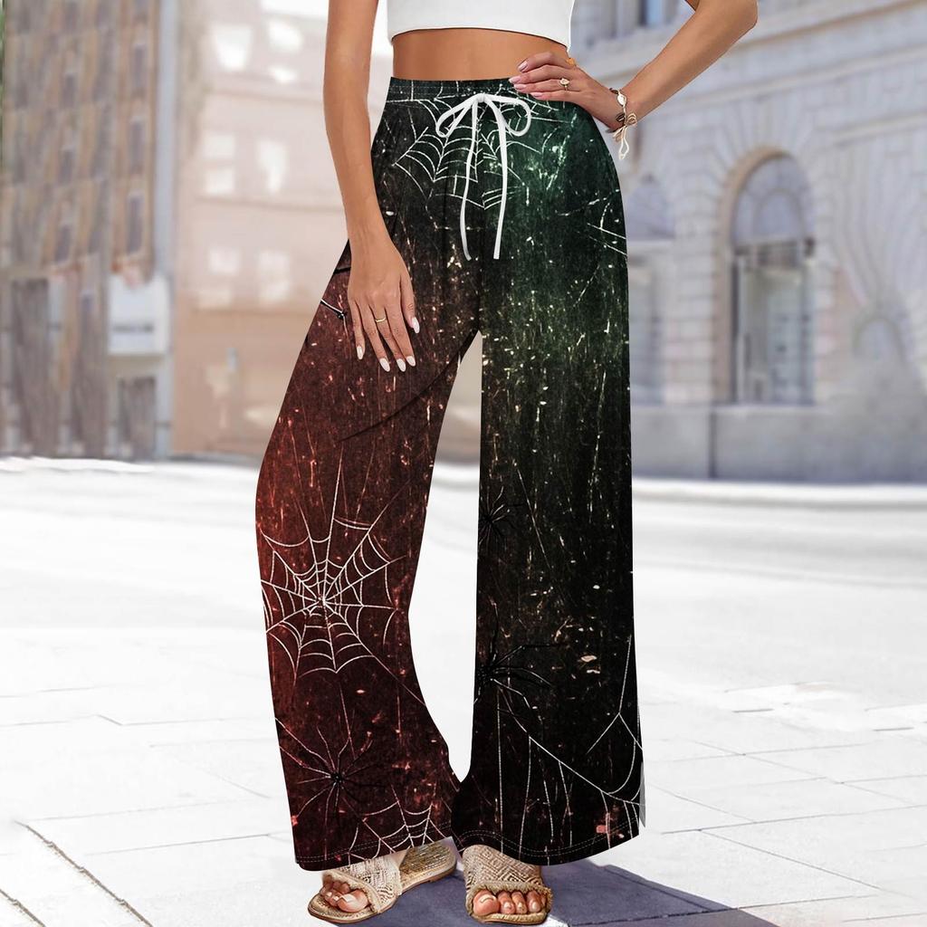 Women's Printed Wide Leg Pants With Pockets High Waist Drawstring Loose Casual Pants