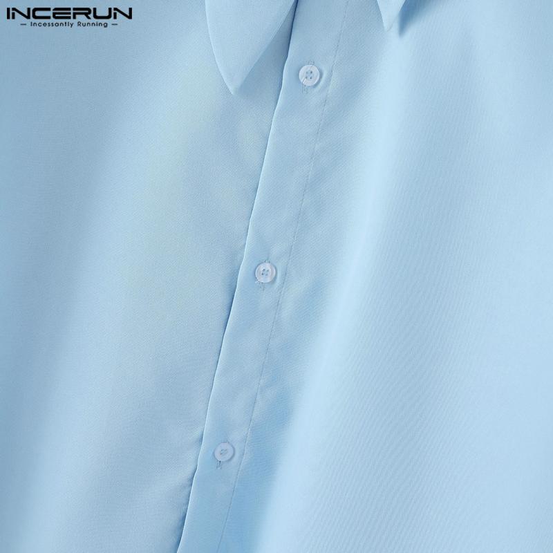 INCERUN Oversized Men Tie Neck Solid Color Buttons Casual Shirts