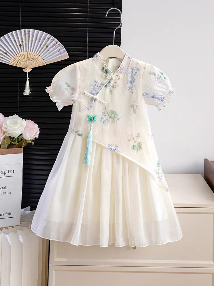 Girls New Chinese Summer Dress Kids Hanfu Modified Cheongsam Princess Dress National Trend Baby Girl Clothing 100cm абрикосовый
