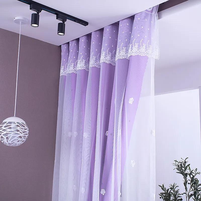 WTEMPO 2ks Korejský styl dutý dvouvrstvý závěs Obývací pokoj Ložnice Dívka Princezna Od podlahy ke stropu Blackout Růžová tkanina Příze Hotový závěs