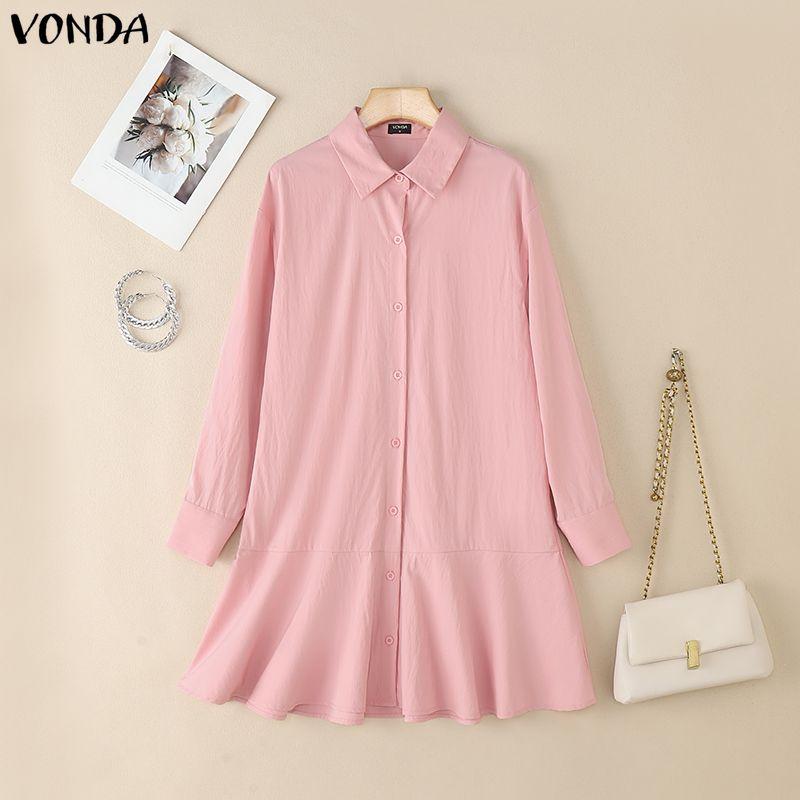VONDA Women Lapel Neck Long Sleeve Solid Button Down Casual Ruffled Shirts Dress