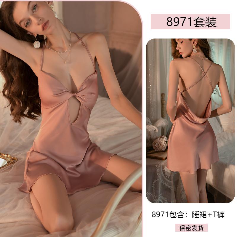 Erotic Underwear Sexy Pure Sleepiness Skirt with Chest Pad Hot Beauty Back Thin Home Wear Pajama Set 8971