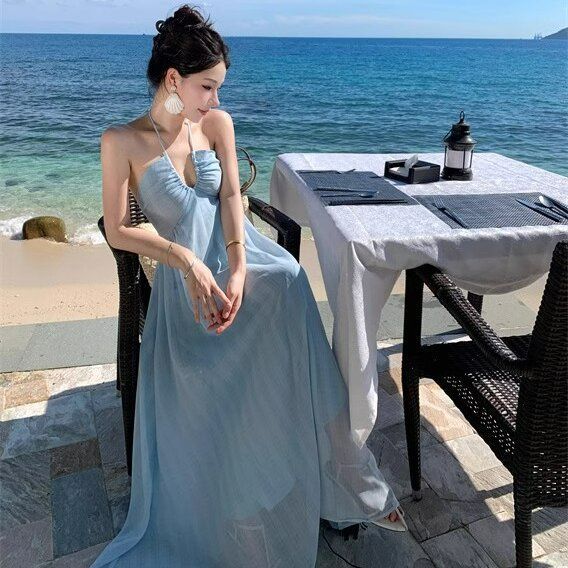 Seaside Vacation Super Fairy Atmosphere Halter Beautiful Sanya Photo Skirt French Neck Suspender Dress Summer