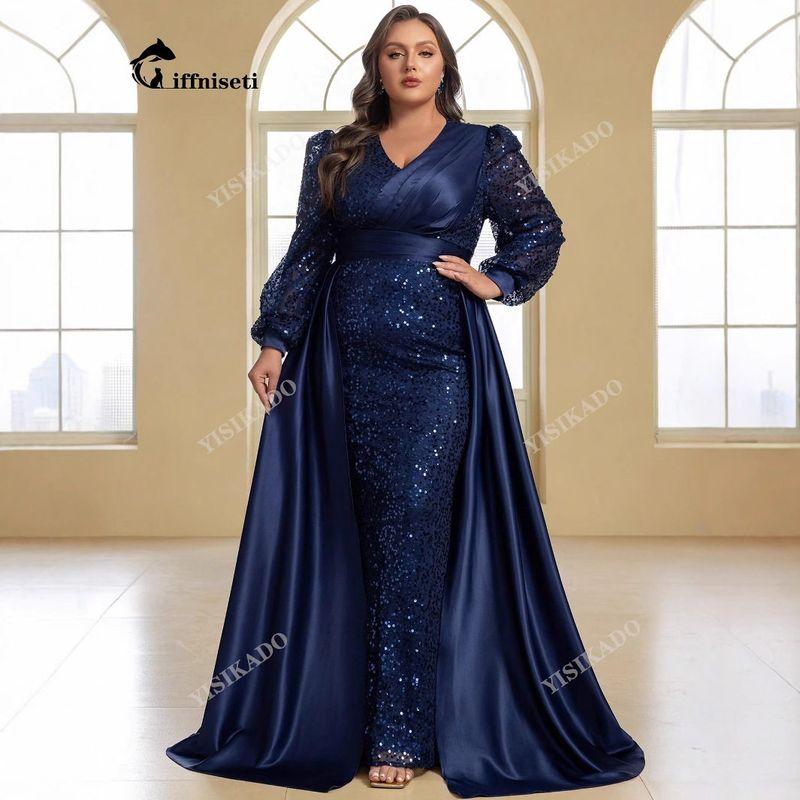 Plus-Size Ball Gown Evening Dress, Elegant and Luxurious Sequined Party Cape, V-Neck Long-Sleeve Dress, Birthday Gown, Long Dress