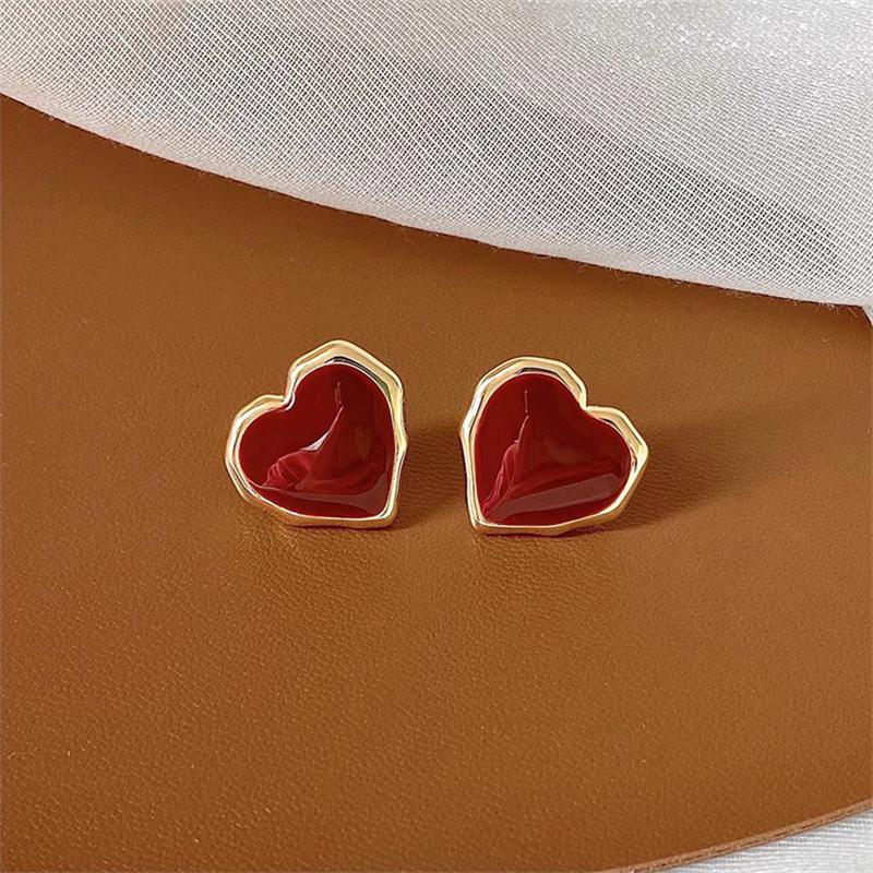Big Peach Red Heart Stud Earrings for Women Korean Simple Fashion Enamel Cute Geometry Zircon Accessories Gift