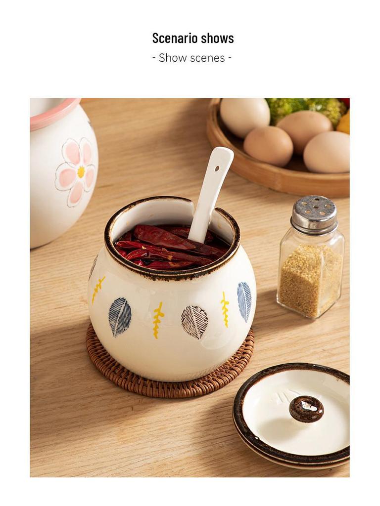 Japanese Ceramic Seasoning Jar with Lid and Spoon - Cute, High-Temperature Resistant Storage for Your Kitchen