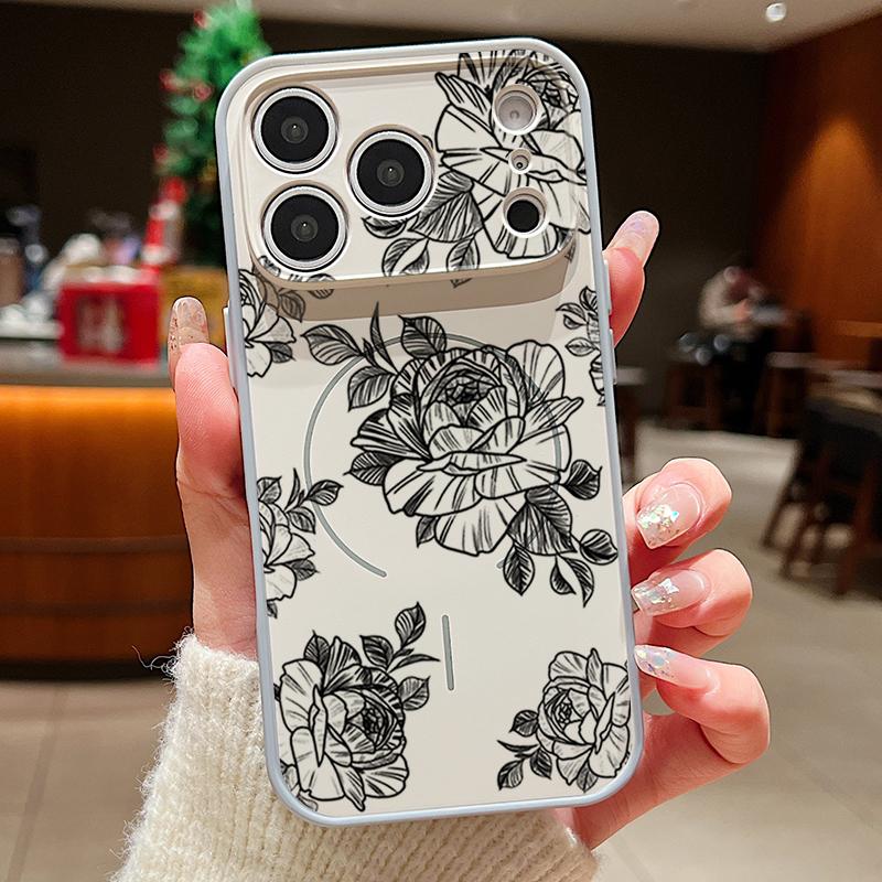 Sketching Rose Flower Pattern Case For iPhone 17 Pro Max Magnetic For Magsafe Hybrid Slim Matte Cover For iPhone 16 15 14 13 Pro Max