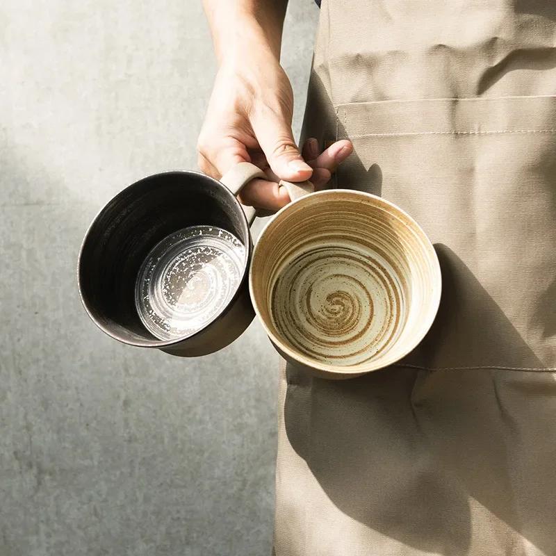Japanese Style Stoneware Coffee Cup and Saucer Set Handmade Retro Mark Cup 350ml Large Capacity Household Milk Breakfast Cup
