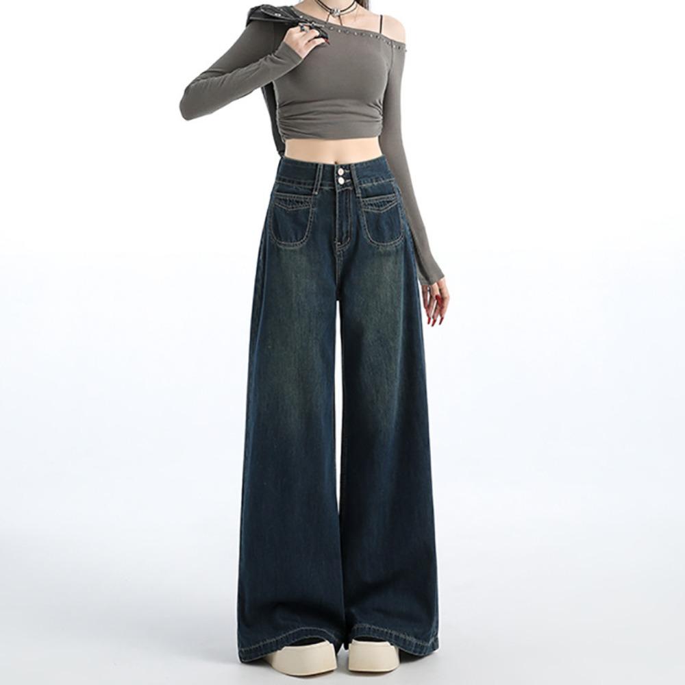 Versatile design sense fashionable mopping jeans women's spring and autumn new loose Hong Kong style wide leg jeans tide