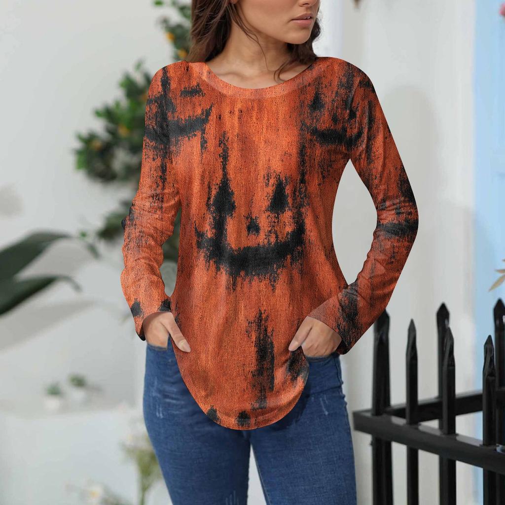 Women's Loose Fit Long Sleeve T-Shirt with Retro Halloween Print, Neck Pullover Top