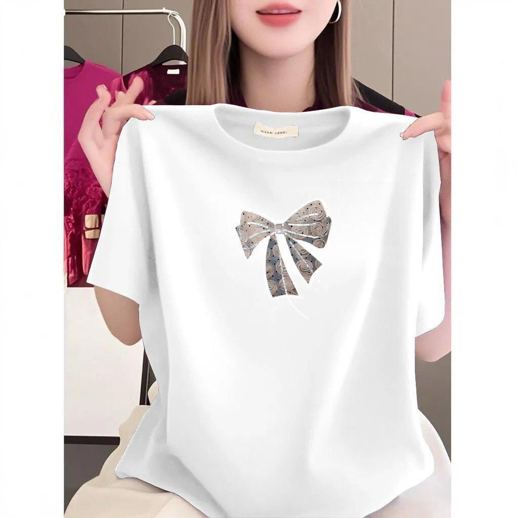 High-End Bow Print Short-Sleeve Women's T-Shirt - Summer Korean Style, Loose & Versatile Casual Top
