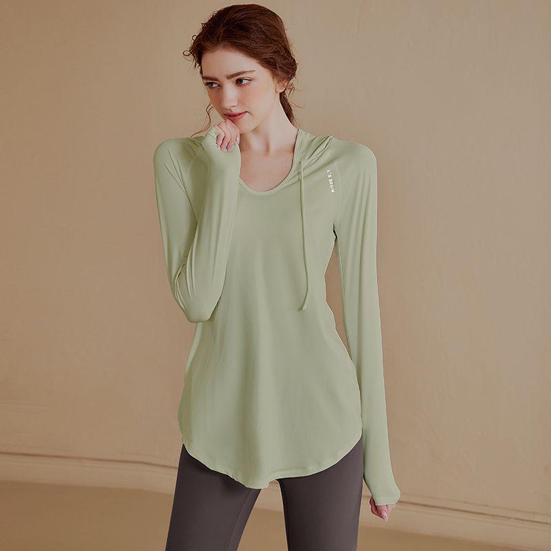 Women Autumn Spring Slim Fit Hooded Long Sleeve Workout Top High Waist Loose Fitness Shirt for Running Yoga Gym