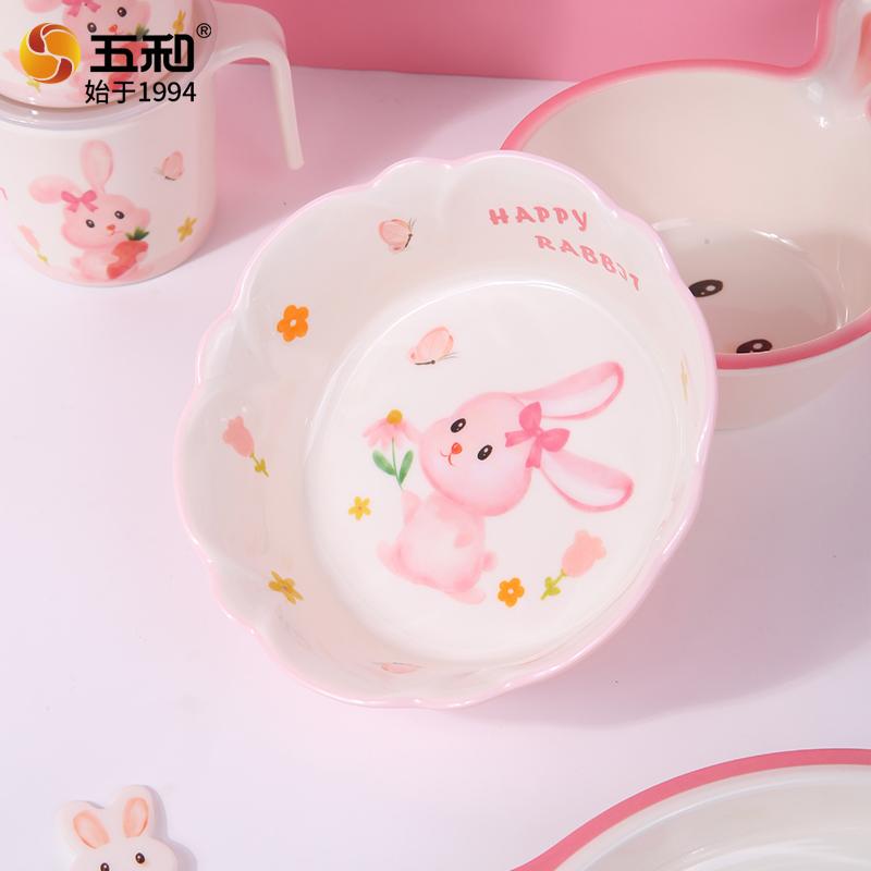 Pink Bunny Baby's Tableware Anti-scald Double-eared Plate Rabbit Shaped Complementary Food Bowls Anti-Fall Cartoon Dinner Plates
