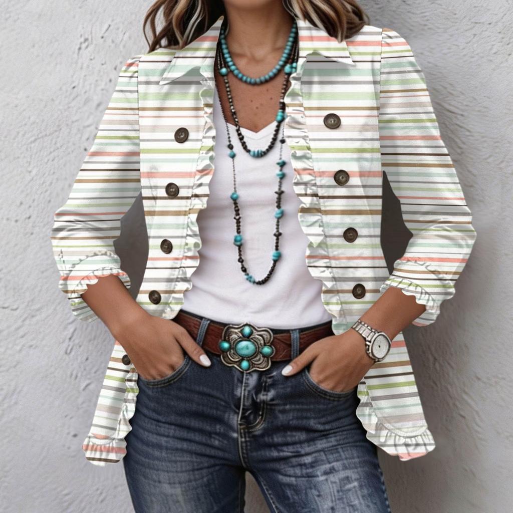 Women's Casual Striped Print Long Sleeve Ruffle Button Down Shirt Jacket for Everyday Wear