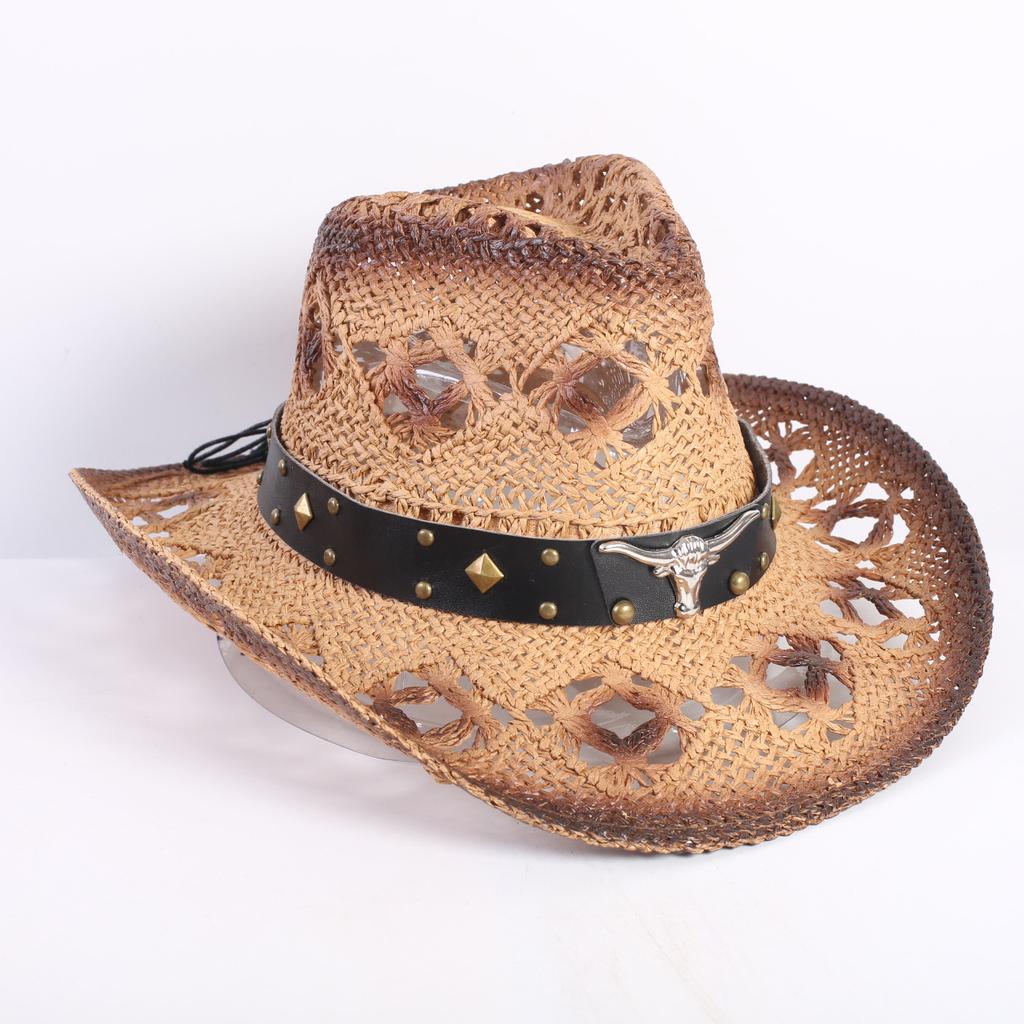 Popular European and American Fashion Hollow Woven Hat Straw Hat Men's and Women's Classic Outdoor Western Denim Straw Hat