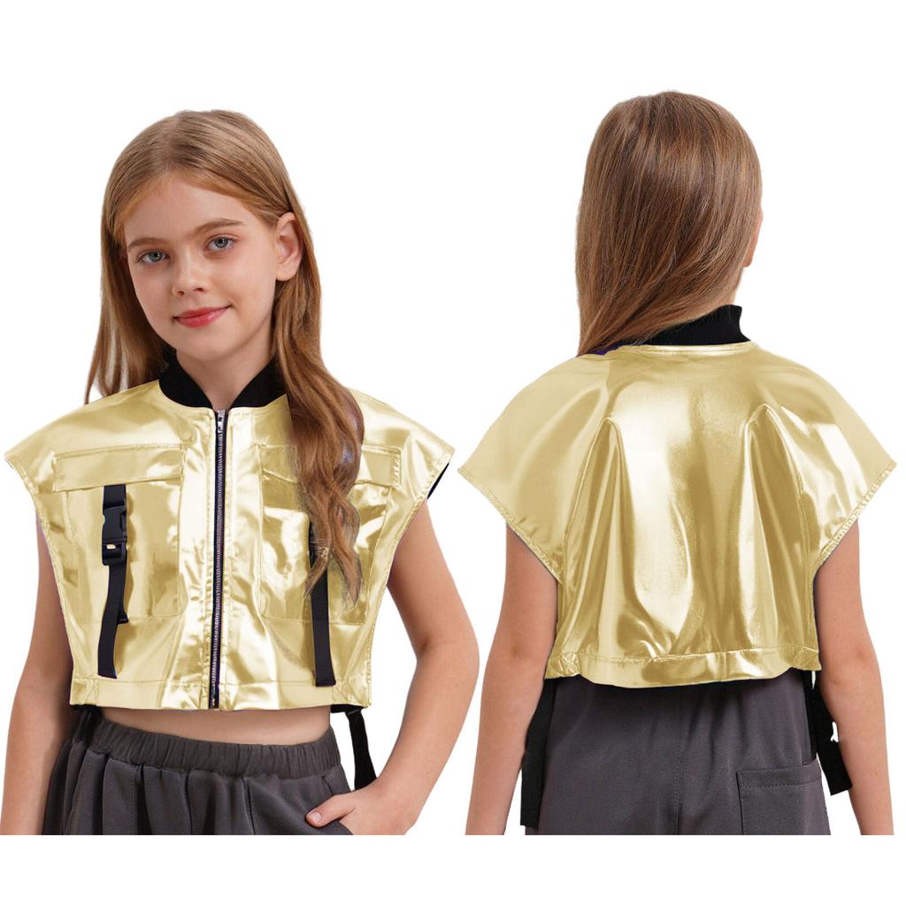 Chaleco de Jazz para Escenario para Niñas: Chaqueta Metálica con Aberturas Laterales, Bolsillos con Cremallera y Hebilla, Top de Rendimiento sin Mangas