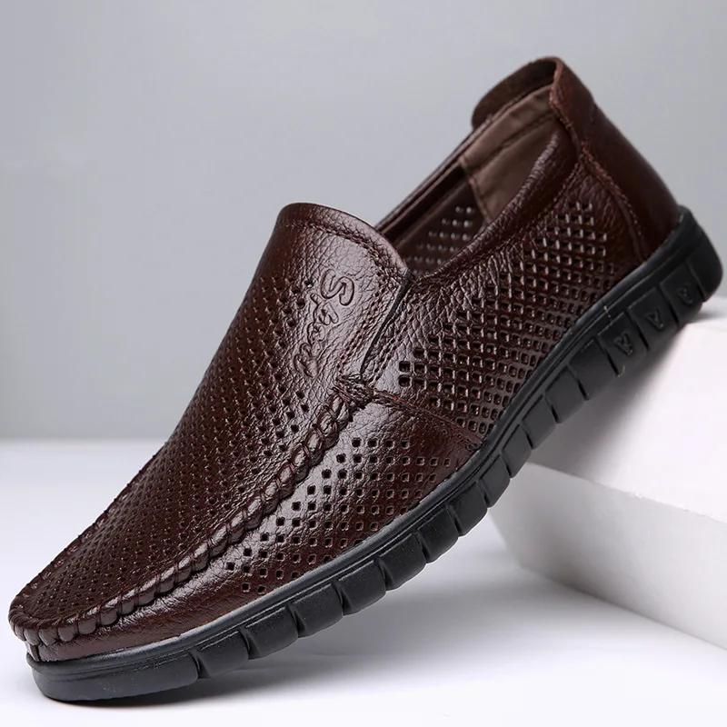 Men Summer Breathable Hollow Sandals Cowhide Genuine Leather Soft Sole Flats Loafers Casual Shoes