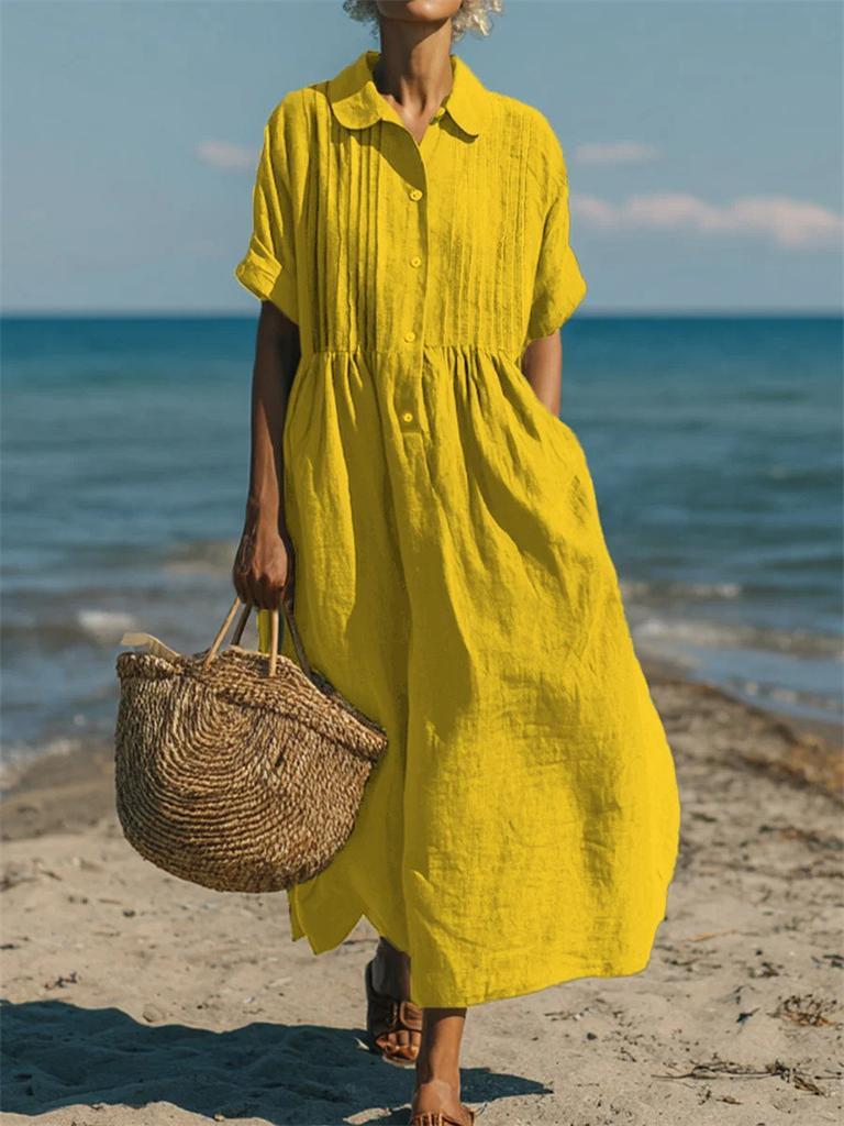 European and American New Women's Long Dress Casual Loose Lapel Button Pleated Short Sleeve Cotton and Linen Dress Women