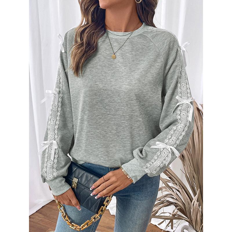 Autumn New Bow Tie Decal Lace Patchwork Long Sleeved Sweatshirt for Women Fashionable Style Long Sleeved Top