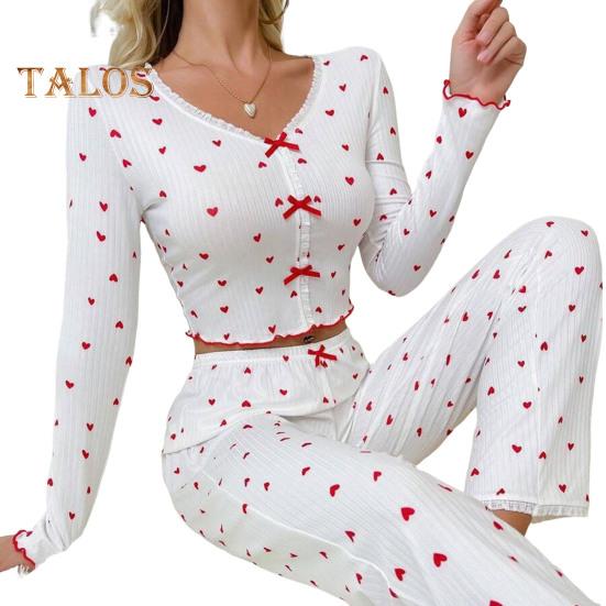 

Женский пижамный комплект с кружевной отделкой, длинными рукавами, V-образным вырезом спереди, застежкой на пуговицы, длинные брюки, одежда для сна, ночное белье XL вино красного