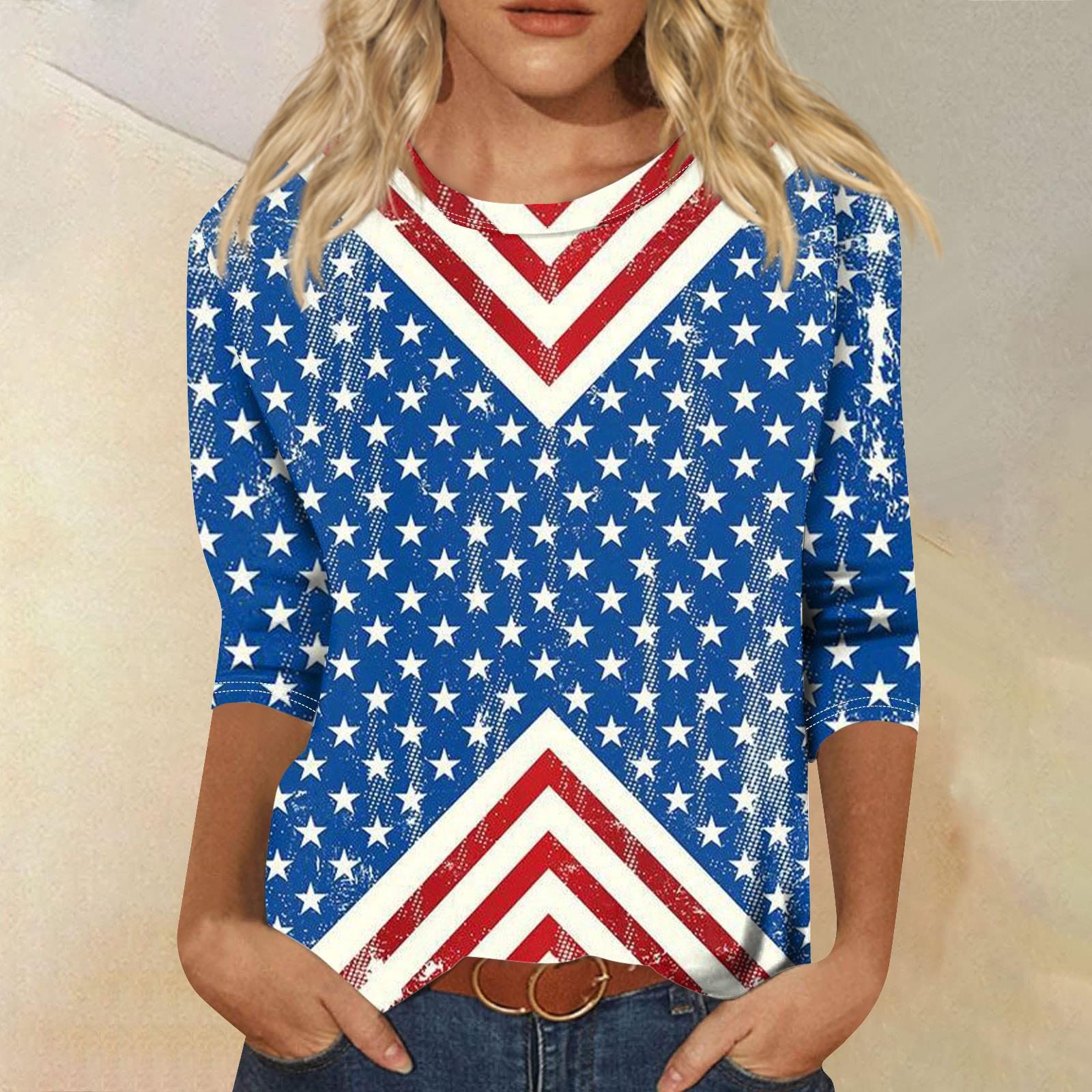 

Женский модный повседневный топ с круглым вырезом и принтом в стиле ретро с семью рукавами в стиле ретро ко Дню независимости L синий
