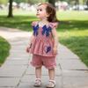 Hot Selling Patriotic Infant Girls Clothing Set Star Bow Fly Sleeve Top Plaid Shorts 2 Piece Outfit With Heart Embroidery For 0 3 Years Old Daily Wear