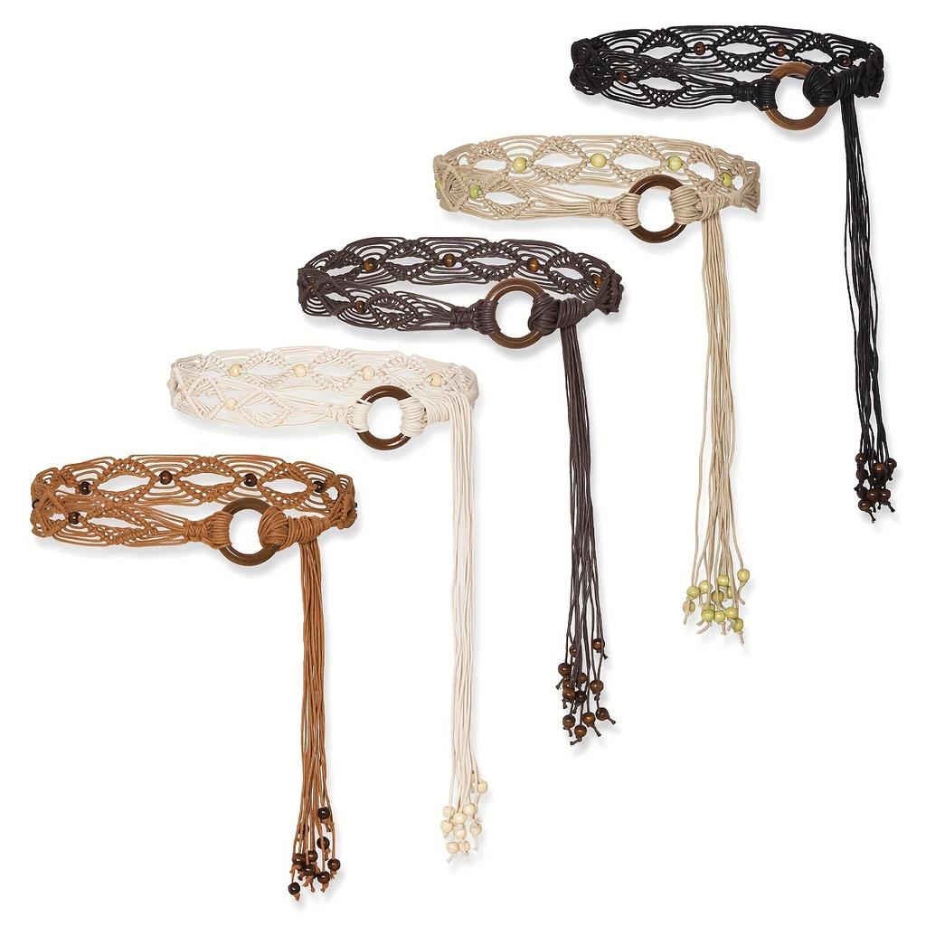 Multi-Color Bohemian Style Spring And Summer Fashion Women Handmade Wooden Circle Braided Hollow Belt Wax Rope Braided Belt Ethnic Style