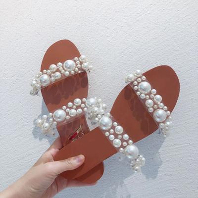 Frauen Bohemian Perle Hausschuhe Flache Unterseite Sandalen Sommer Offene Spitze Damen Schuhe Kristall Schuhe