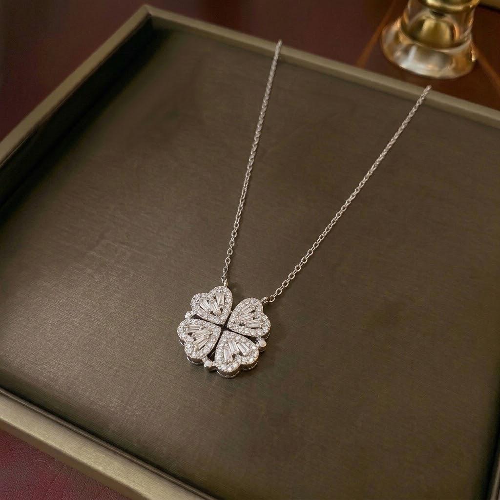 Women's Heart-Shaped Necklace with Four-Petal Flower, Cubic Zirconia, Titanium Steel Clavicle Chain - Elegant and Versatile Accessory
