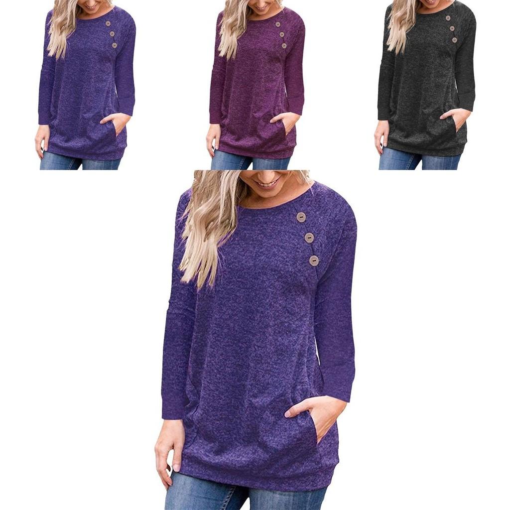 Stylish Women's Pullover Long Sleeve Solid Button Sweatshirt Top For Casual Wear