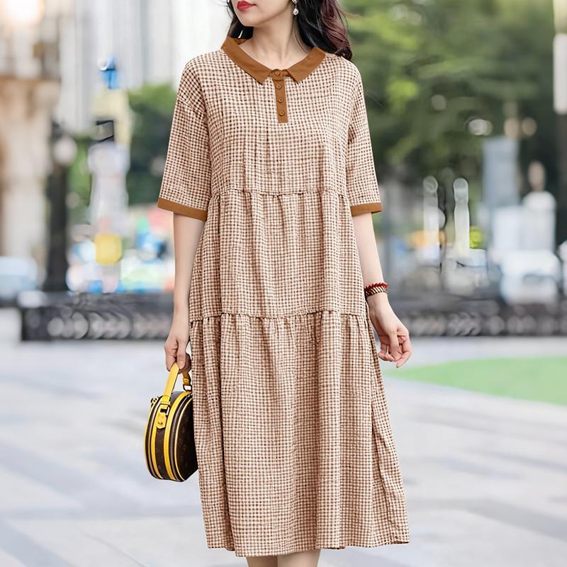 

ZANZEA Женское летнее повседневное платье с коротким рукавом и принтом в клетку S хаки