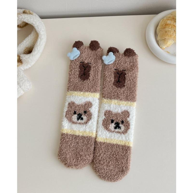 

Женские носки из кораллового флиса на зиму, утолщенные женские носки с мультяжной вышивкой, домашние плюшевые носки для сна, напольные женские носки для сна 1 pair