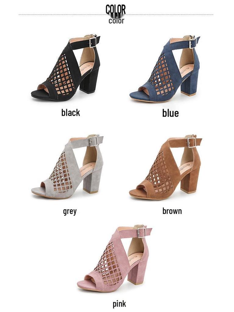 Peep-Toe Chunky Heel Sandals: 2025 Summer Plus-Size Collection for Women – European & American Style, Hollow Design