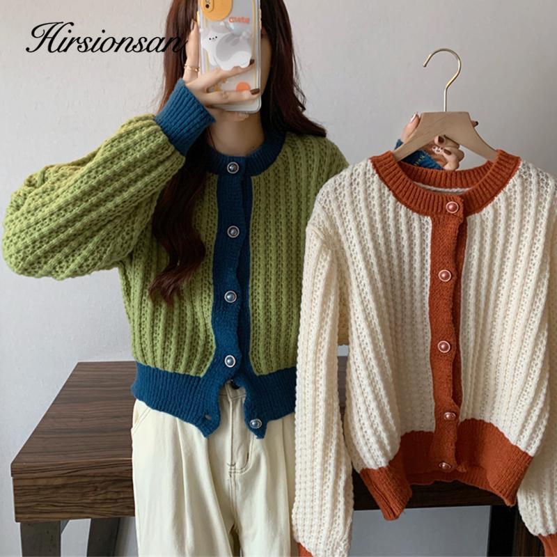 

Hirsionsan повседневный элегантный лоскутный вязаный свитер женский свободный кардиган с круглым вырезом и длинными рукавами женский осенне-зимний винтажный однобортный топы