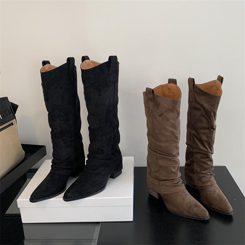 Eilyken Autumn Winter Punk Retro Woman Knee High top Pleated Pointed Toe Long Booties Square Low Heels