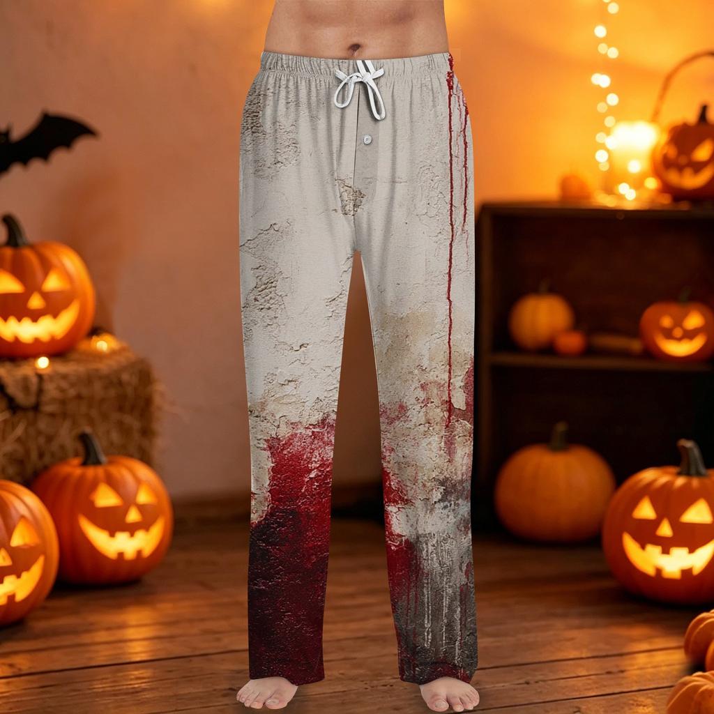 Mens Halloween Printed Drawstring Lounge Pants Casual Relaxed Fit Sleepwear Trousers with Pumpkin Pattern Design