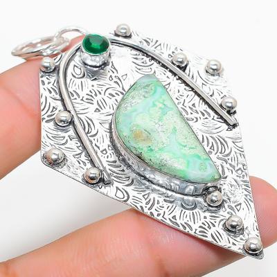 Natural Chrysoprase, Diopside Gemstone 925 Sterling Silver Pendant 2.88" F9p87