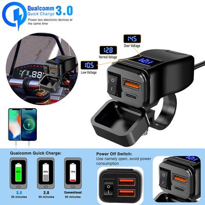 Caricatore Smart Doppio USB QC3.0 per Moto con Display LED della Tensione - Supporto Universale da Manubrio