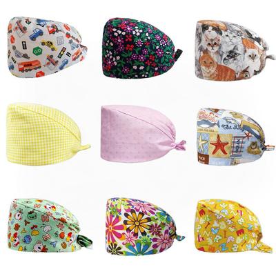 All-Cotton Cartoon Floral Double-Layer Bouffant Cap for Pet Grooming, Salon, Dental, Nurse, and Surgery Work