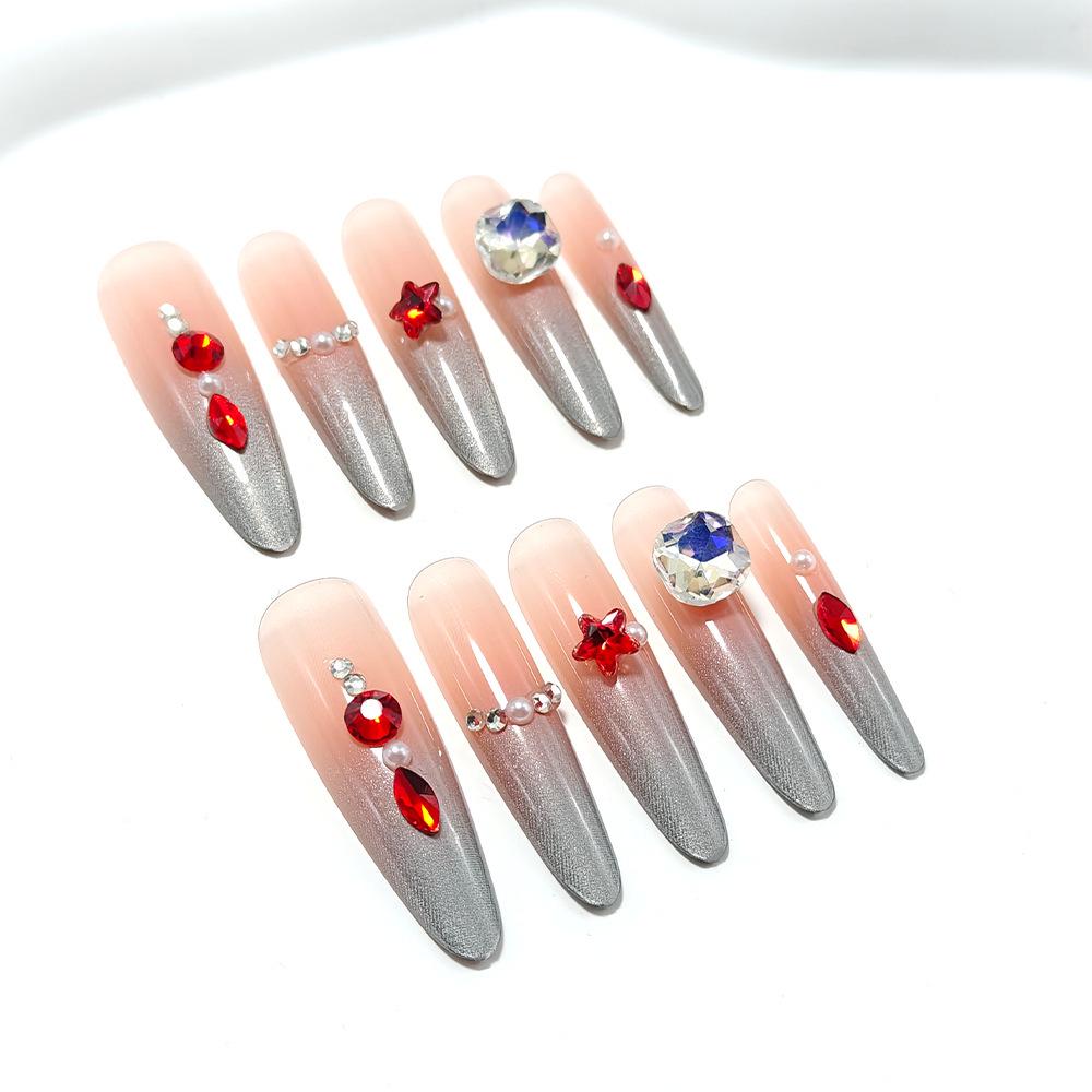 Wine Red Diamond French Cat Eye Wearable Nails: Autumn/Winter Edition Model XS