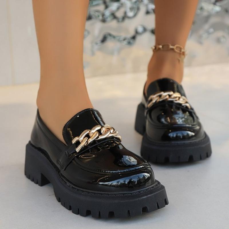 Fashion 2025 Female Shoes Women Fashion Mary Janes Round Toe Flats Loafers Oxfords Platform Casual Metal Chain Buckle Ladies Heels Black