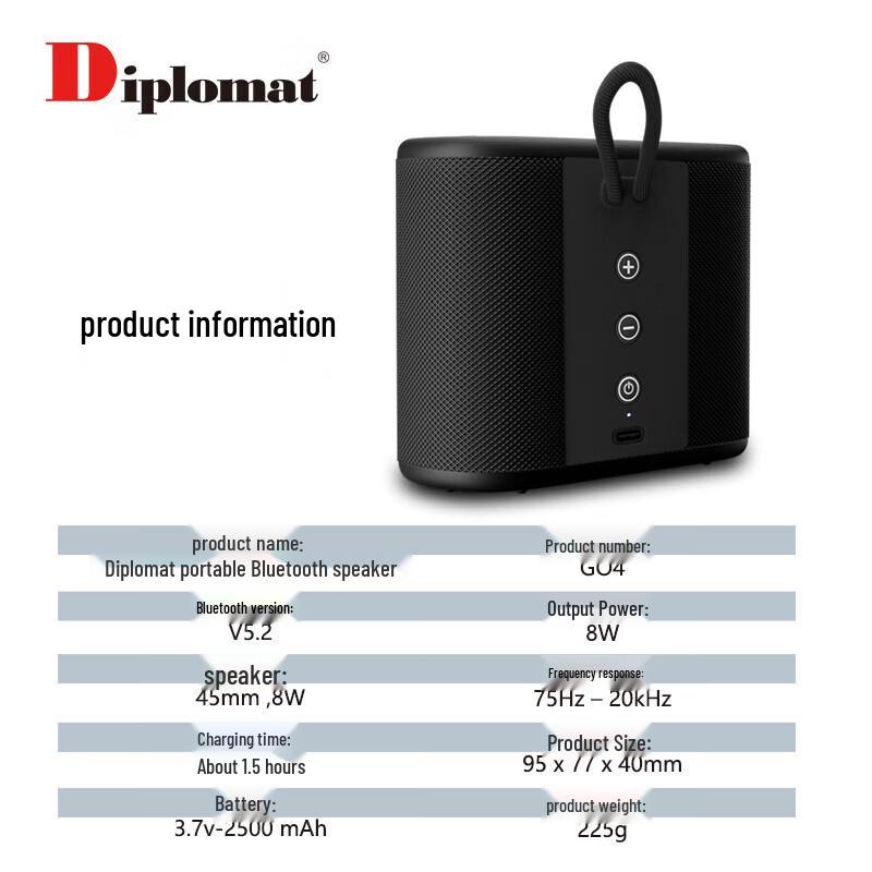 Diplomat GO4 Mini Portable Bluetooth Speaker CN plug (adapter included) (CN version)