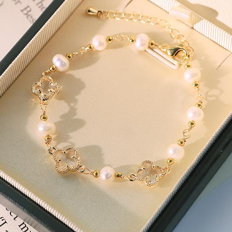 White Four-Leaf Clover Pearl Copper Bead Bracelet Handmade Classic Bracelet Gift Banquet Women s Jewelry Accessories GB1267E