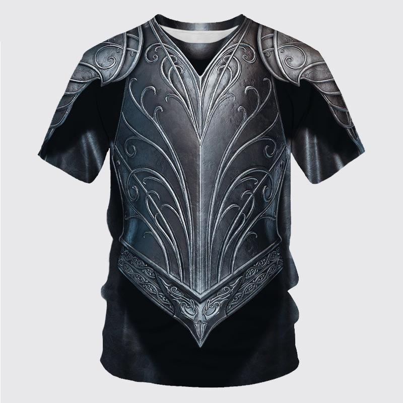 T-shirt Sportiva da Uomo a Maniche Corte Traspirante ad Asciugatura Rapida con Stampa 3D Medievale di Armatura da Cavaliere, Abbigliamento Trendy Street Casual Cosplay
