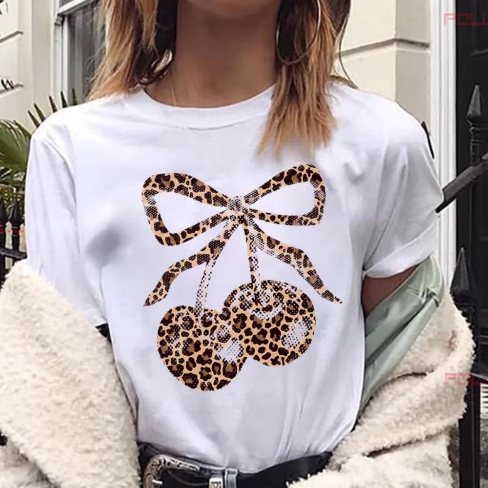 Women's Cherry Print T-Shirt Crew Neck Sleeve Casual Fabric Fruit Vegetable Summer Short Sleeved Harajuku Streetwear Tops Tees