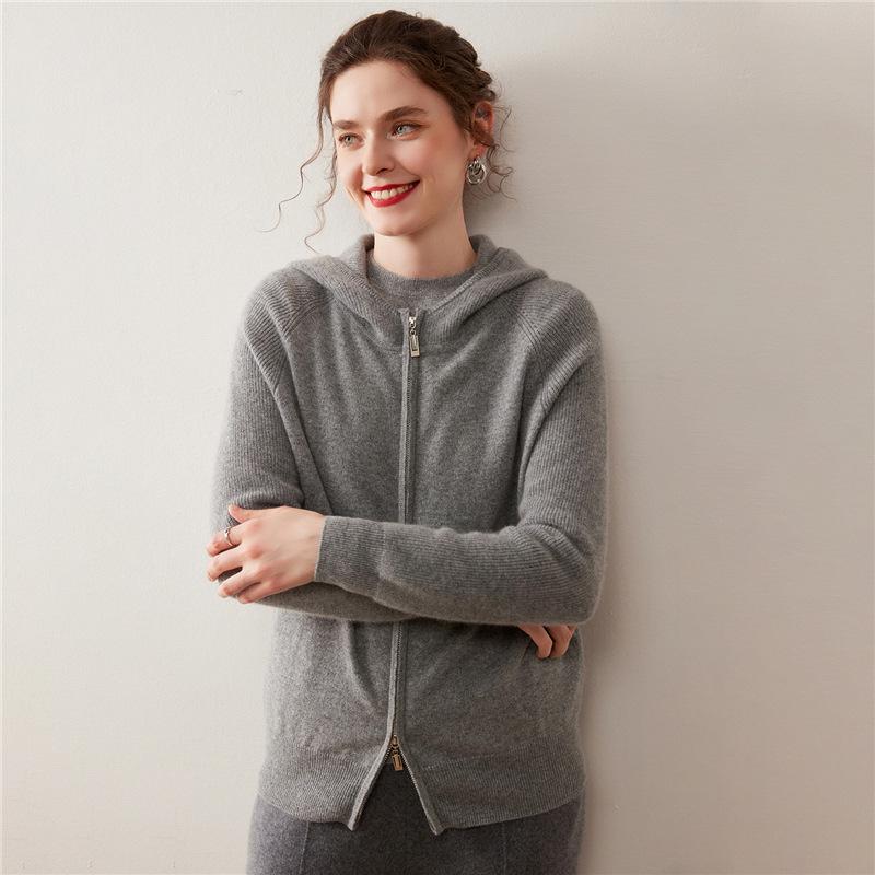 Felpa con cappuccio da donna in maglia di cashmere con zip - Morbida, delicata sulla pelle, spessa, cardigan tinta unita per Autunno/Inverno