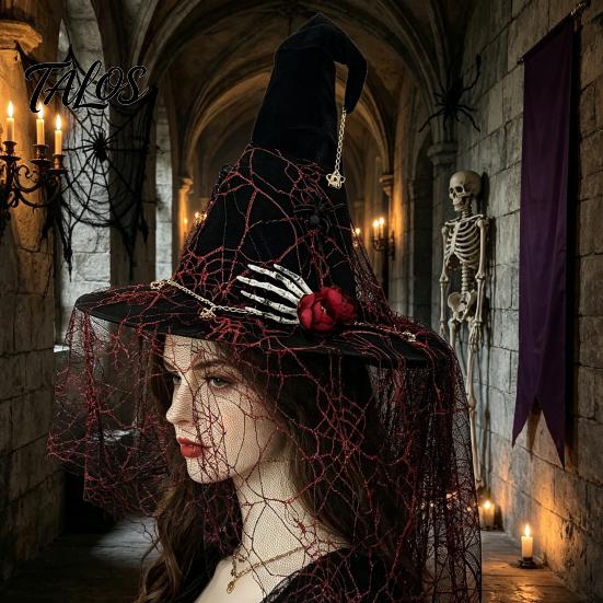 Indoor Outdoor Festive Decor Punk Skeleton Hand Witch Hat with Spider And Veil, Black Large Festival Atmosphere Props Wizard Costume Accessory